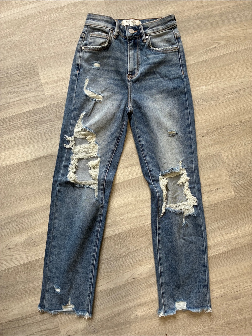 Risen Distressed High Rise Straight Jeans